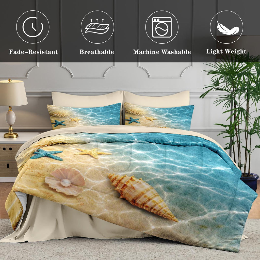 WeCozy 7 Pcs Queen Size Comforter Set with 2 Pillowcases & 2 Shams, Summer Beach Seashell Bedding for Kids and Adults, Blue Ocean Sea Shell Bed in a Bag with Flat Fitted Sheet