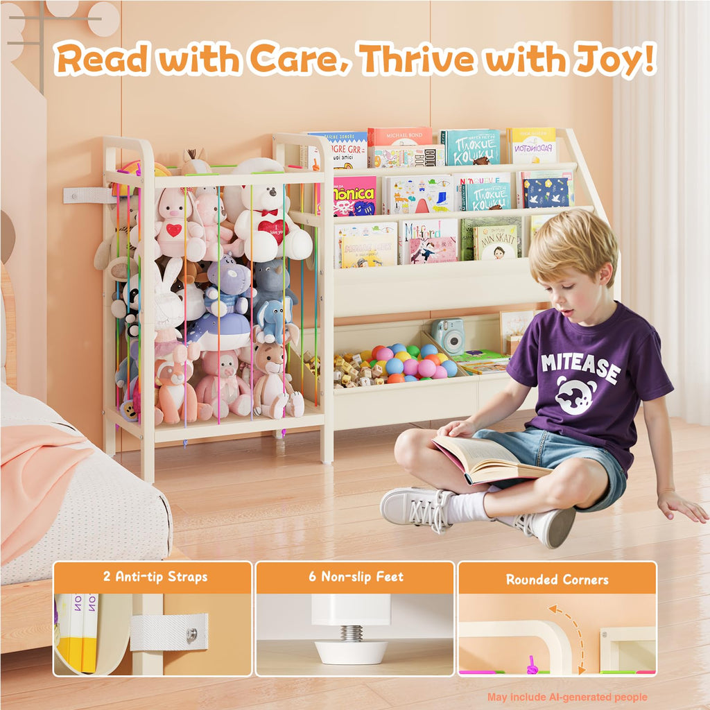 CYXPHION B5 Kids Bookshelf and Toy Storage, Book Shelf for Kids Rooms, Sling Toddler Book Shelves with Stuffed Animal Storage, Montessori Baby Bookcase for Nursery, Bedroom, Playroom, White