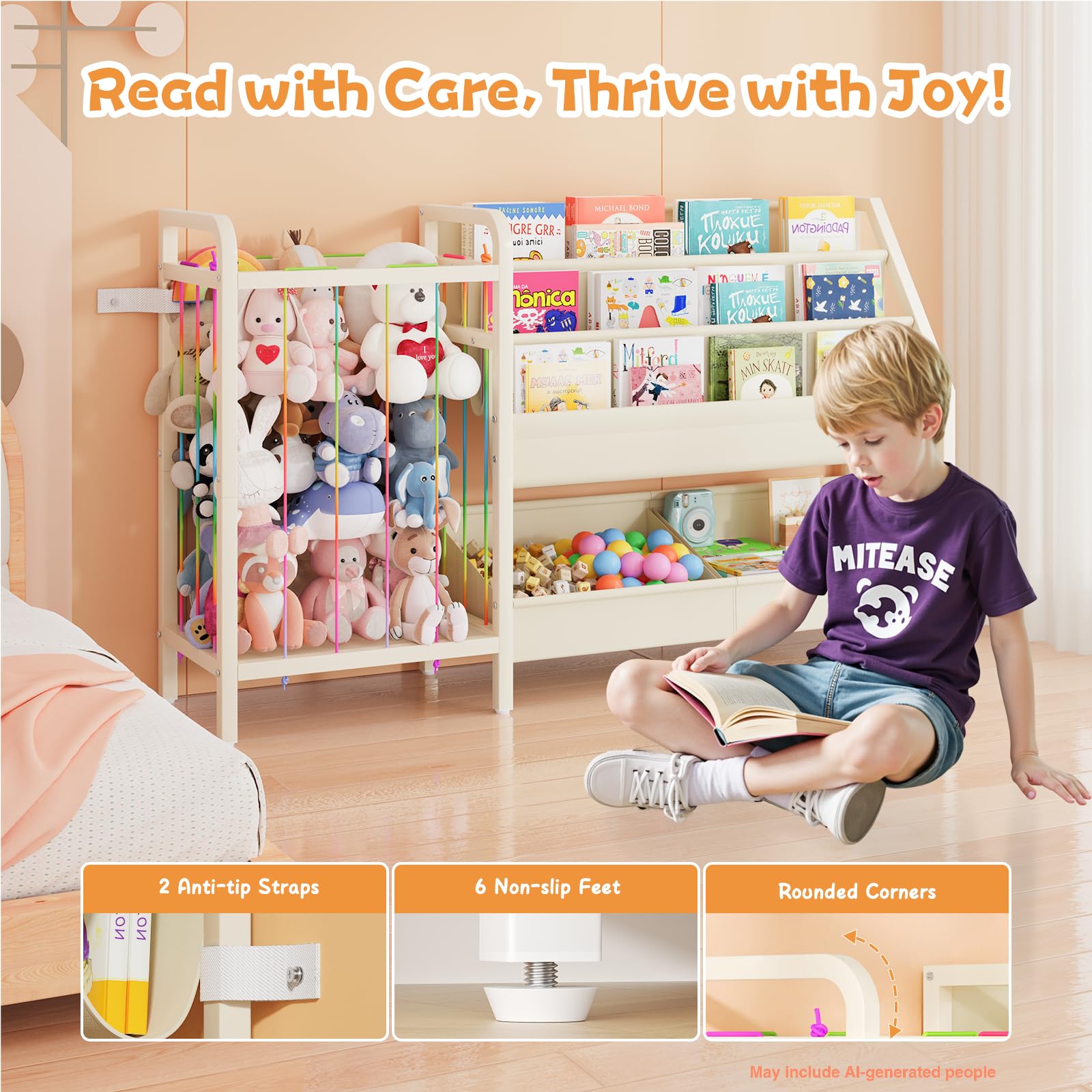 CYXPHION B5 Kids Bookshelf and Toy Storage, Book Shelf for Kids Rooms, Sling Toddler Book Shelves with Stuffed Animal Storage, Montessori Baby Bookcase for Nursery, Bedroom, Playroom, White