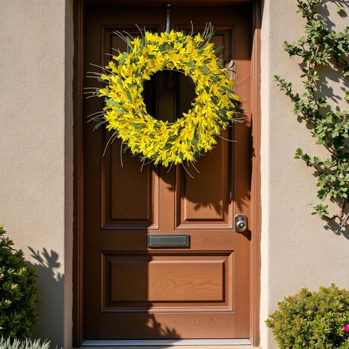 LOKEISNA Yellow forsythia Door Wreath, 24 Inch Summer Wreaths for Front Door Outside, Hand Made Artificial Forsythia Flower Wreath for Front Door Window Wall Farmhouse Home Gift