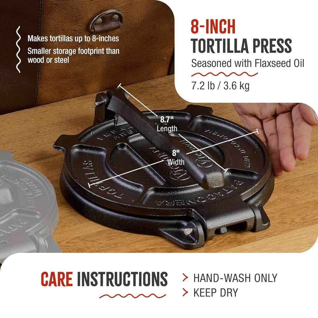 Victoria Cast Iron Tortilla Press - 8 Inch Roti Maker Seasoned with Flaxseed Oil | Traditional Black Design
