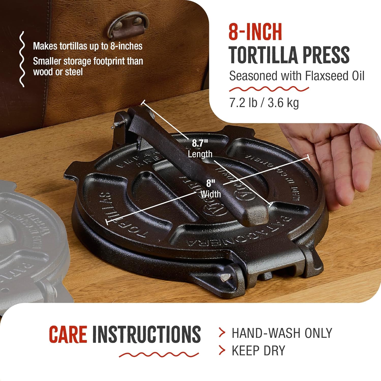 Victoria Cast Iron Tortilla Press - 8 Inch Roti Maker Seasoned with Flaxseed Oil | Traditional Black Design