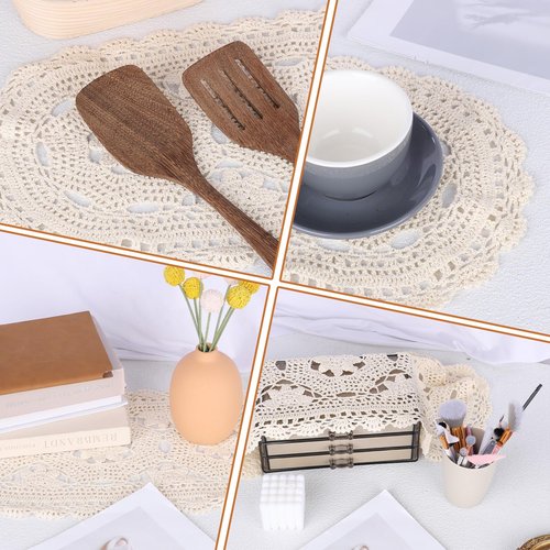 Oval Lace Table Runner Cotton Crochet Lace Table Runner Doilies Floral Tables Scarf Furniture Cloth Cover Handmade Tables Dresser Scarf Décor Crochet Placemats (Beige Oval, 12x24 Inch)