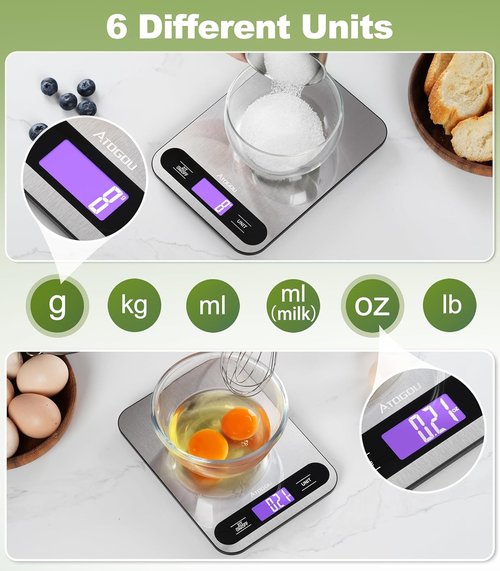 Atogou Digital Kitchen Scale - 33lb/15kg Capacity with Full View LCD Display & Durable Stainless Steel Surface | Black