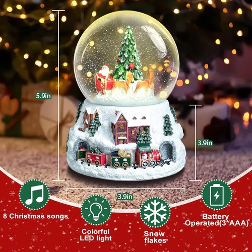Christmas Snow Globe - LED Light & Musical Snowflakes | 5.9 Inch Santa Claus & Christmas Tree Decoration