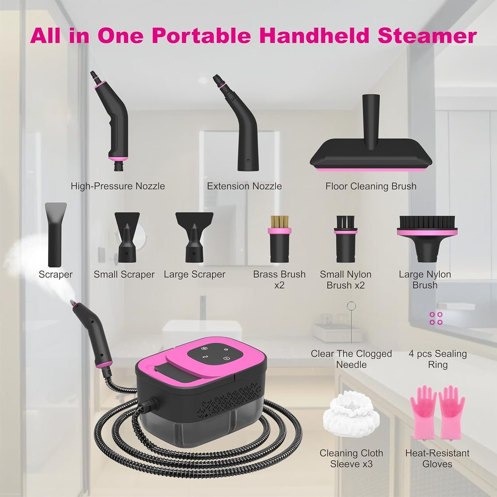 Skiennix Portable Steam Cleaner - 16-Piece Accessory Set, 6-Level Adjustable, Quick 15s Heat-Up | Lightweight Handheld for Home & Car Detailing