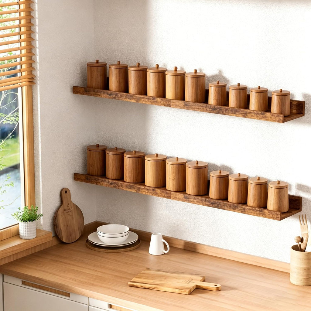 Upsimples Floating Wall Shelves - Set of 6 Decorative Wood Shelves for Bedroom, Living Room, Kitchen | Brown