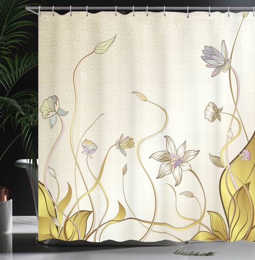 Ambesonne Abstract Shower Curtain, Flower Nature Theme Pattern Nice Lily Blossoms in Spring Pattern Print, Cloth Fabric Bathroom Decor Set with Hooks, 69" W x 70" L, Cream and Mustard
