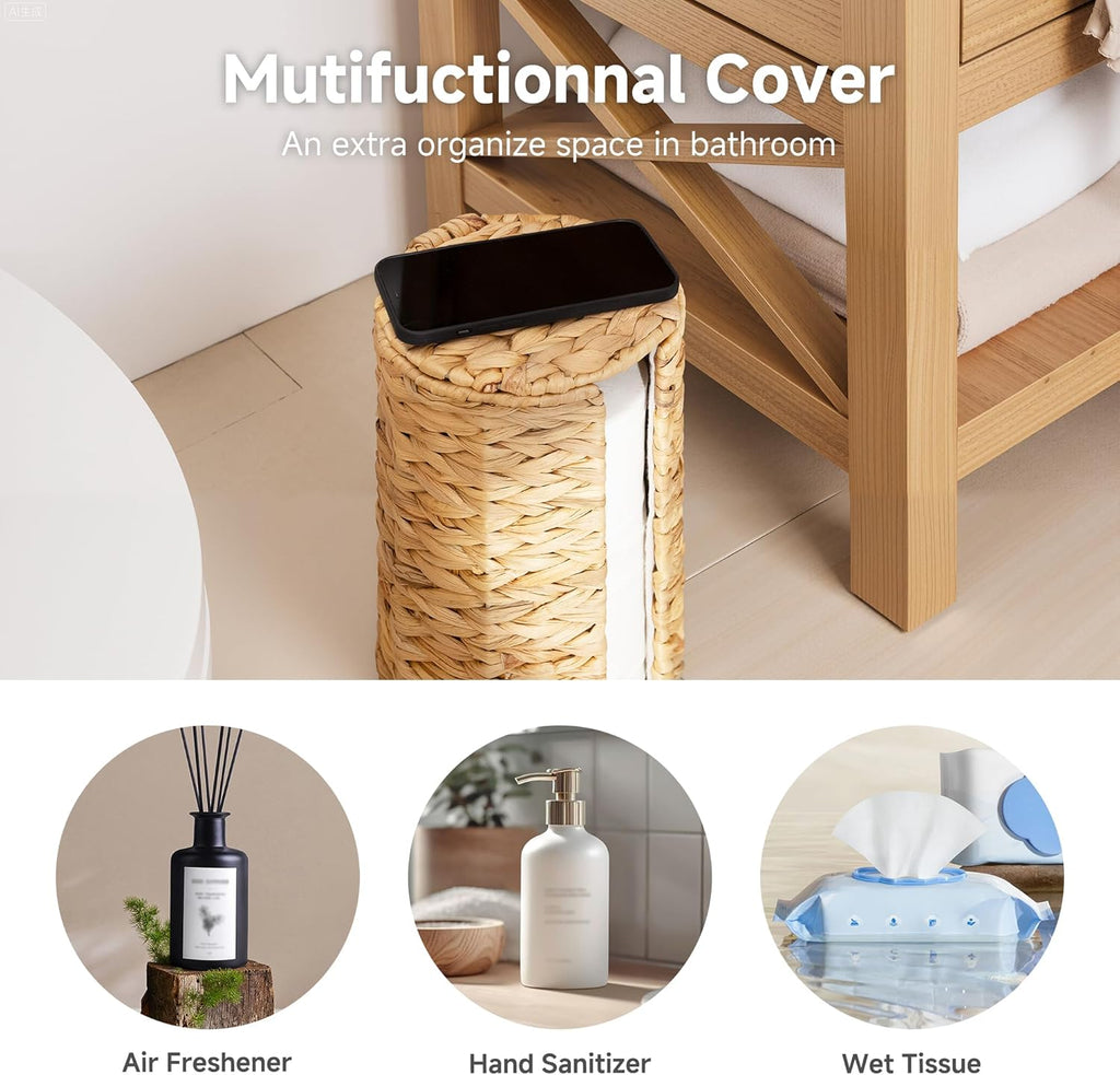 StorageWorks Toilet Paper Holder Stand - Free Standing Water Hyacinth Design with Lid for 3 Rolls