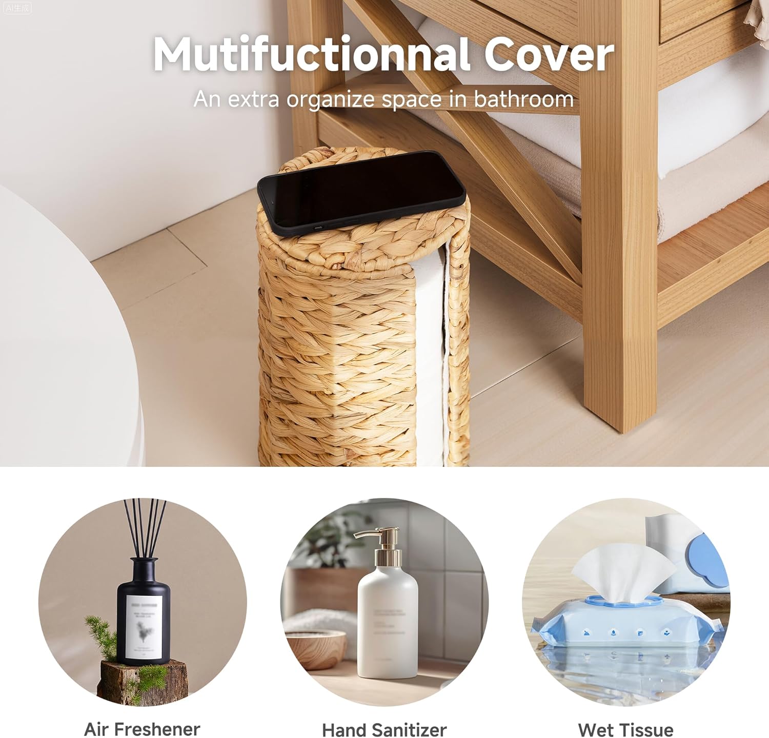 StorageWorks Toilet Paper Holder Stand - Free Standing Water Hyacinth Design with Lid for 3 Rolls