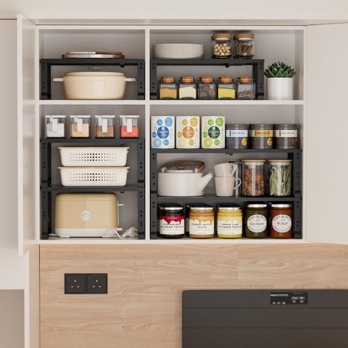 Zilvando Heavy-Duty Adjustable Metal Shelf Organizer - Expandable & Stackable Pantry Storage Rack for Kitchen, Bathroom, RV, Cabinets(3 Packs/Black, Medium)