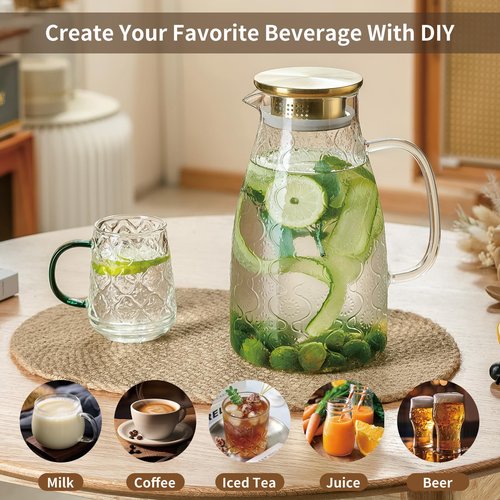 Buaic Glass Pitcher with Lid and Handle, 2 PACK 68 oz/2 Liter Vintage Flower Design Fridge Water Pitcher, Borosilicate Glass Water Carafe for Hot/Cold Water,Coffee,Iced Sun Tea,Heat Resistant