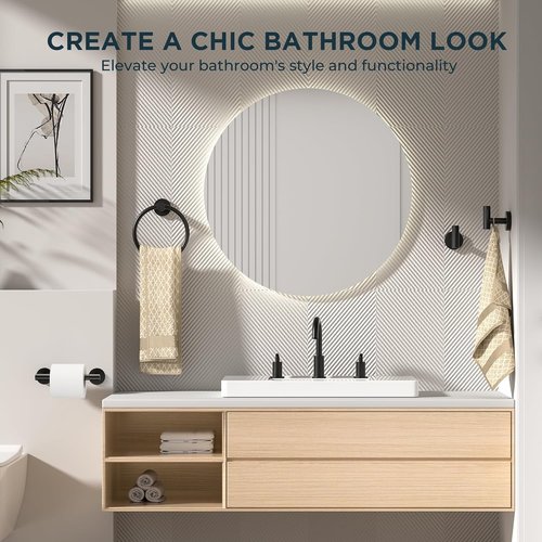 FORIOUS Bathroom Accessories Set - SUS304 Stainless Steel Toilet Paper Holder, Towel Ring & Hooks | Matte Black