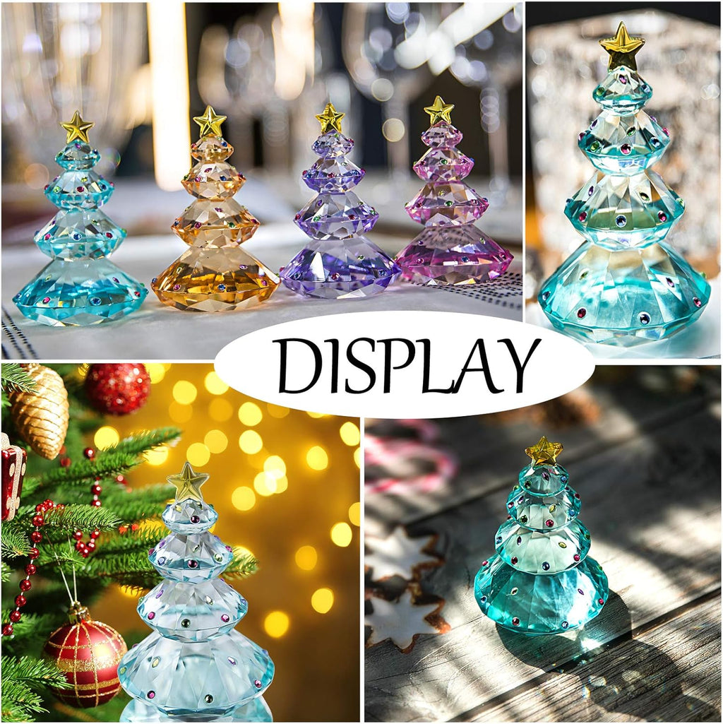 QFkris Crystal Christmas Tree Figurine - 3.5" Glass Paperweight Table Ornament | Blue Holiday Gift