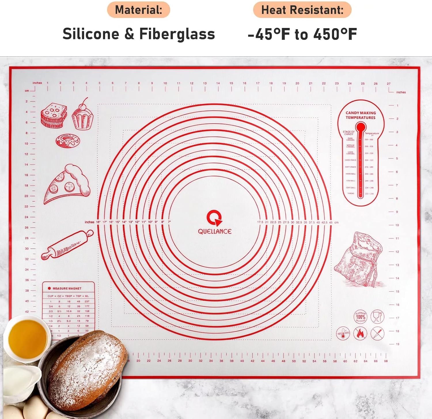Skiennix Extra Large Silicone Pastry Mat - Baking Mat with Measurements for Fondant, Dough & Cookies | 24" x 32", Red