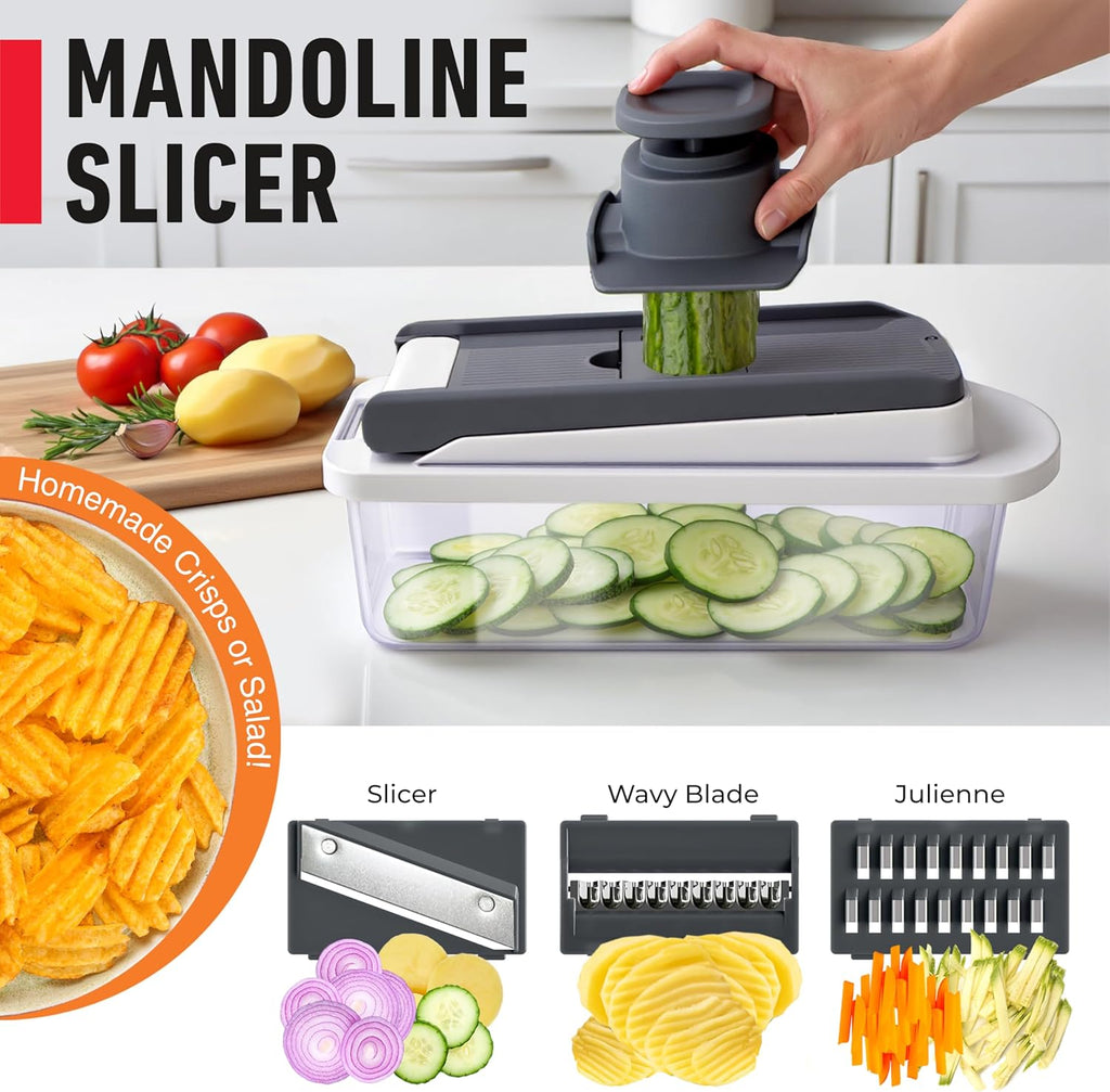 Mueller Vegetable Chopper - 10-in-1 Mandoline Slicer with 8 Blades & Container for Easy Food Prep
