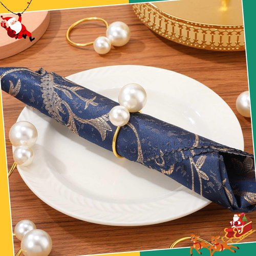 Sliner 100 Pcs Pearl Napkin Rings, Gold Table Napkin Holder Buckles for Dinning Table Setting Christmas Wedding Party Supplies