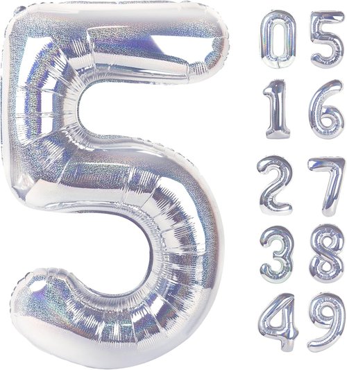 Laser Silver 5 Balloon - 40 Inch Number 5 Balloon for 5th Birthday Decorations | Party Supplies