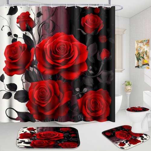 Poedist 4 Pcs Bathroom Shower Curtain Set,Red Black Rose Bathroom Set, Shower Curtain Sets with Rugs(Bath Mat,U Shape and Toilet Lid Cover Mat) and 12 Hooks