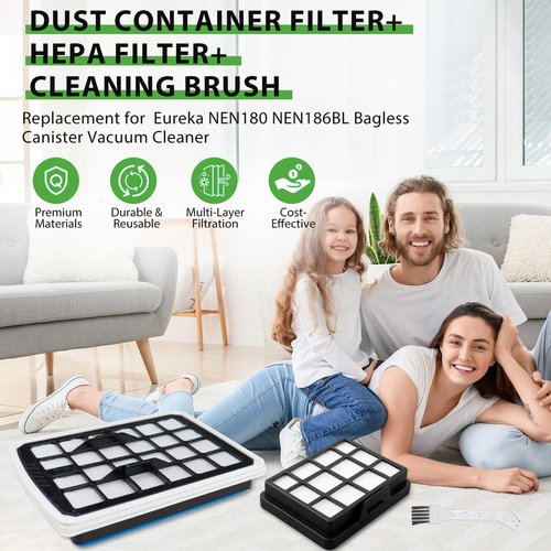2 Pcs Replacement Filter Compatible with Eureka NEN180 NEN186BL Bagless Canister Vacuum Cleaner，1 Dust Cup Filter Element 1 HEPA Filters 1 Cleaning Brush