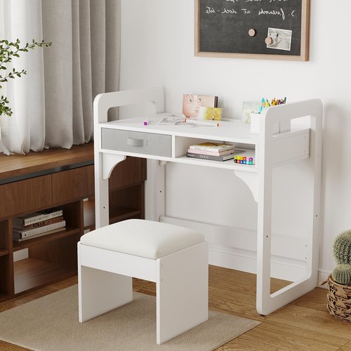 Garvee Kids Desk and Chair Set, Study Desk for Boys and Girl, Wooden Kids Writing Table with Cloth Drawers and Pen Holder, White