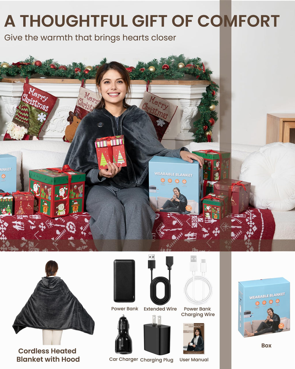 Cordless Heated Blanket with Hood, USB Battery Powered Heated Wearable Blanket with 9 Heating Zones, 20000 mAh Power Bank, 3 Levels, Portable Heated Throw Blanket, Heated Shawl (Warm Comfort Gray)