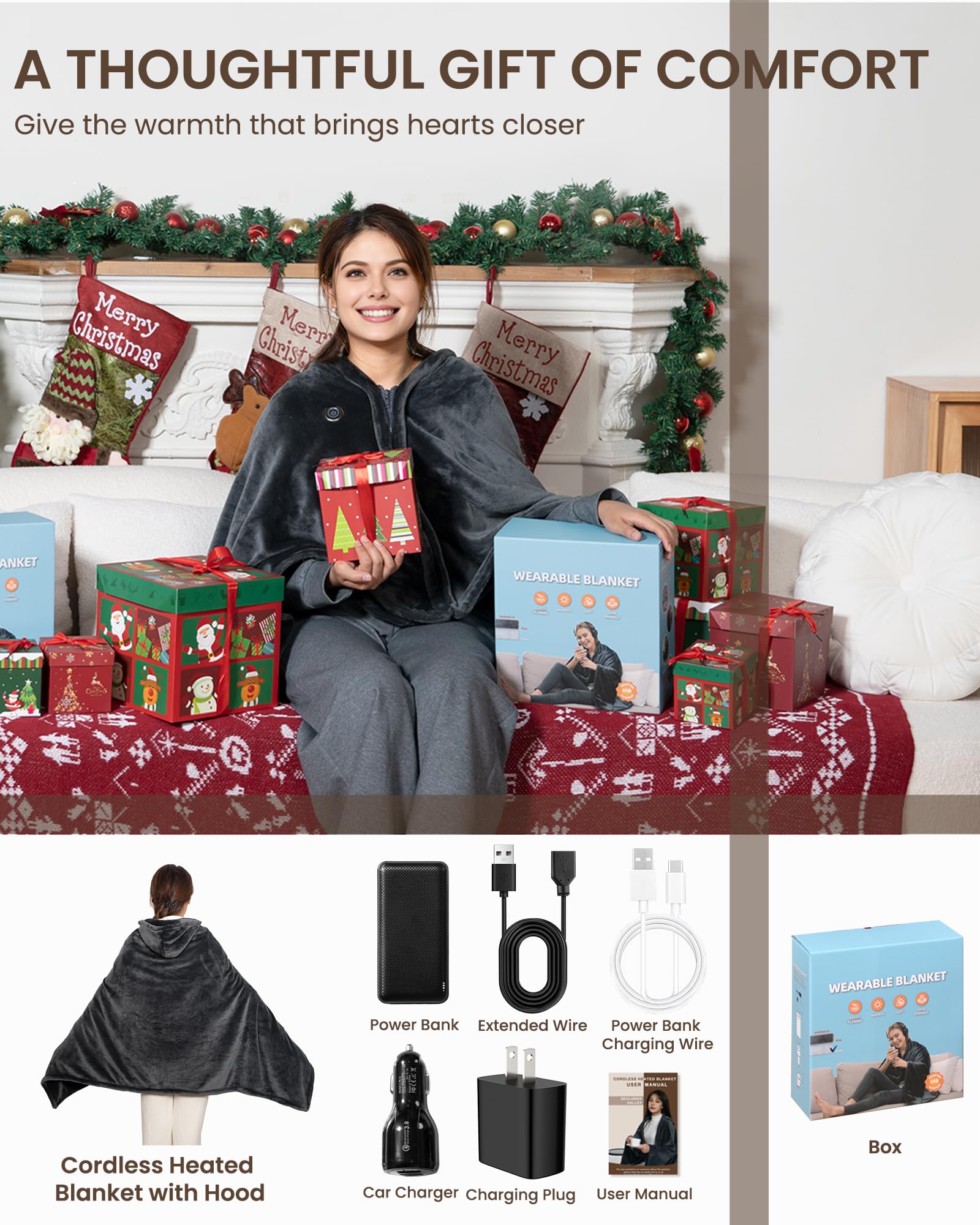 Cordless Heated Blanket with Hood, USB Battery Powered Heated Wearable Blanket with 9 Heating Zones, 20000 mAh Power Bank, 3 Levels, Portable Heated Throw Blanket, Heated Shawl (Warm Comfort Gray)