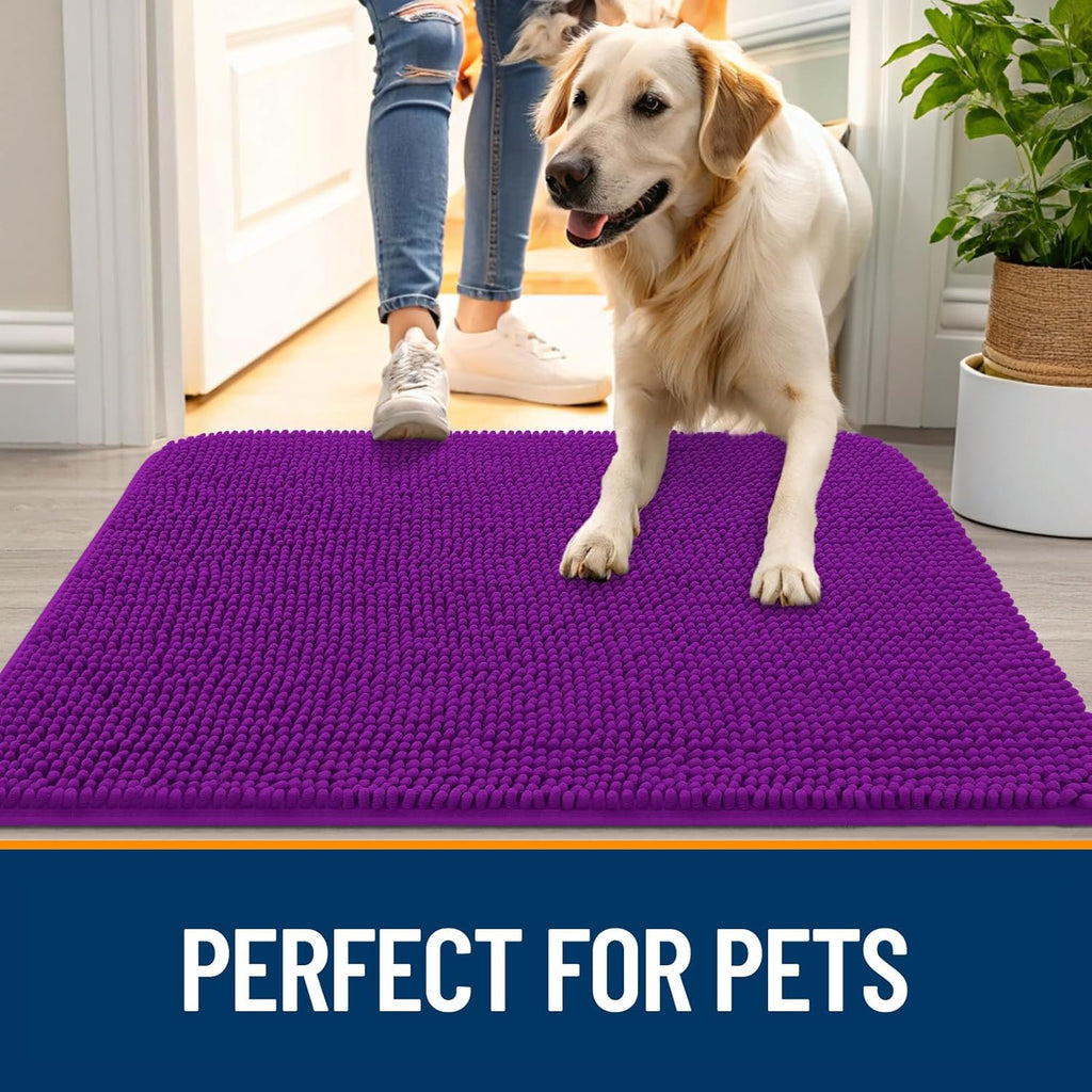 OLANLY Dog Door Mat - Absorbent Non-Slip Washable Doormat for Muddy Paws | 59x32, Quick Dry Chenille, Purple