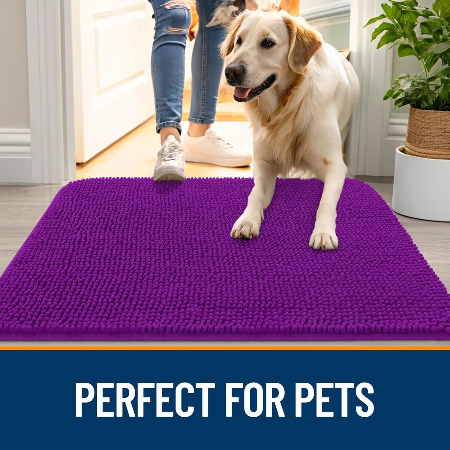 OLANLY Dog Door Mat - Absorbent Non-Slip Washable Chenille Mat for Muddy Paws | 36x24, Purple
