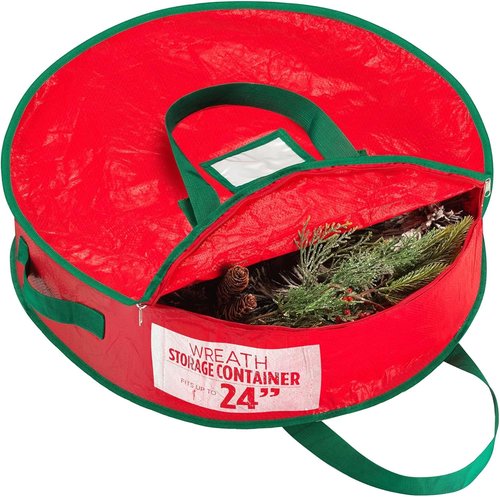 Handy Laundry Wreath Storage Bag - 24 Inch Durable Tarp Container with Zipper & Handles | Protects Holiday Decor, Red