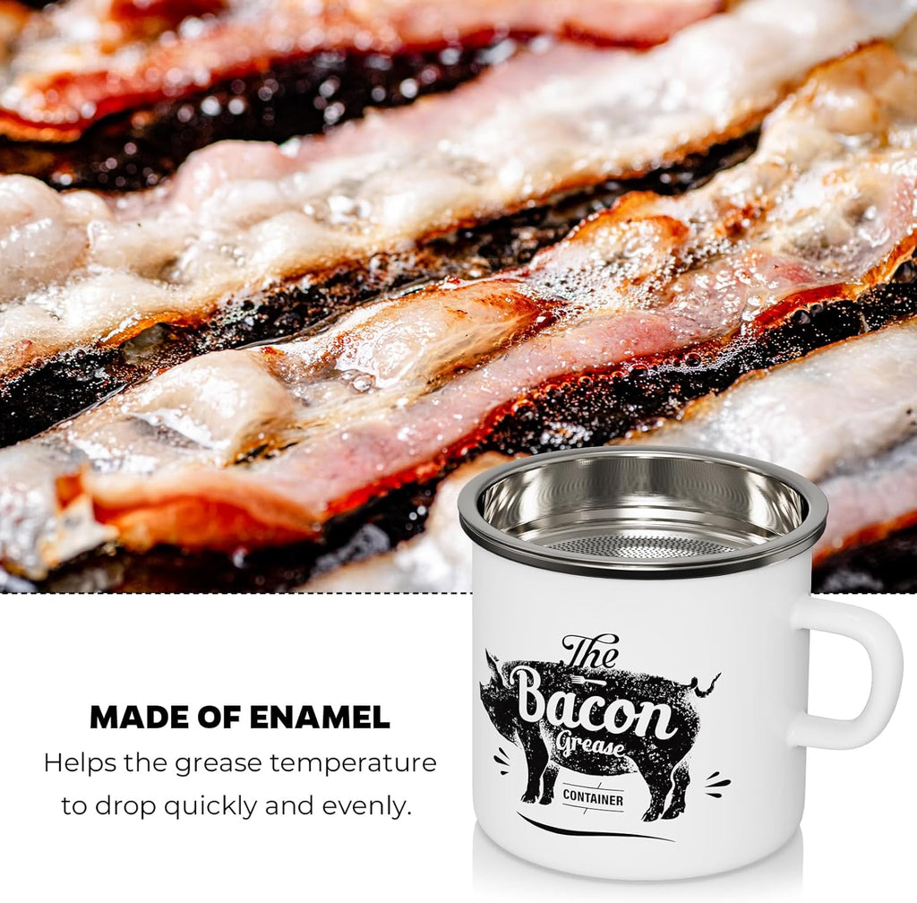 PGYARD Mini Bacon Grease Container - 15oz Enamel Strainer for Kitchen Fat Storage | Dishwasher Safe, White