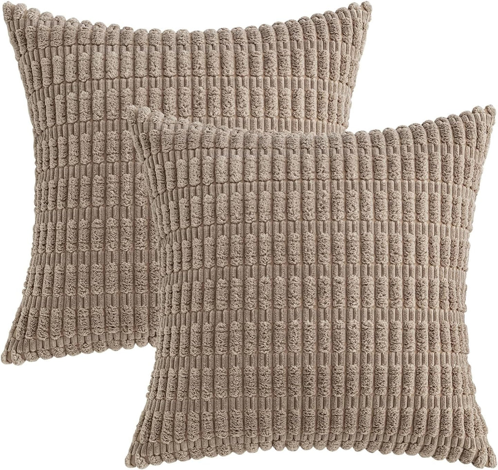 MIULEE Corduroy Throw Pillow Covers - Soft Boho Striped Design | 12x12 Inch Light Brown Decor