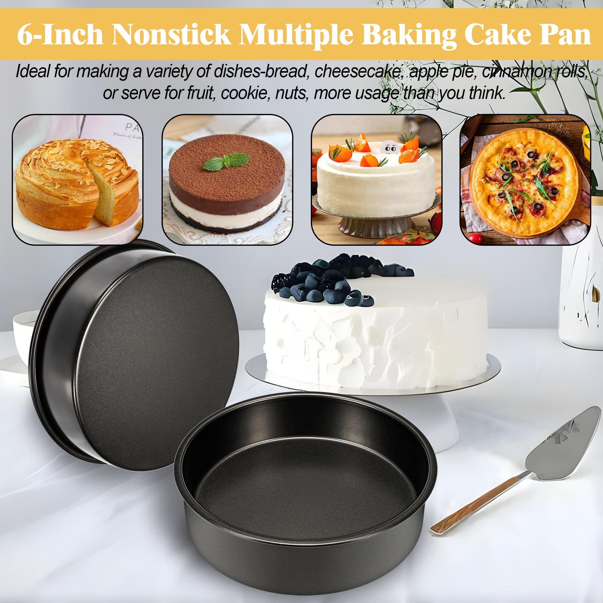 AWTBDP 6 Inch Cake Pans Set of 3, Smash Cake Pans with 100PCS Parchment Paper for Layer Cakes, No-Stick Round Cake Pan Sets for Baking, Durable Baking Pan Set for Christmas Birthday, Dishwasher Safe