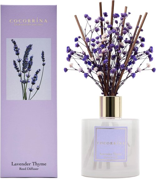Cocorrína Premium Reed Diffuser Set - Lavender Thyme with Preserved Baby's Breath | 6.76 Fl. Oz Home Décor
