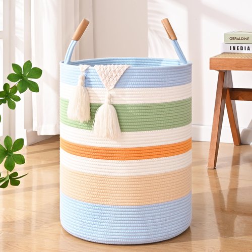 Degeyoyo 60L Striped Laundry Basket, Rainbow Laundry Hamper with Leather Handles, Woven Cotton Rope Storage Bin for Blankets, Nursery Hamper for Clothes, Toys In Bathroom, Livingroom, Bedroom