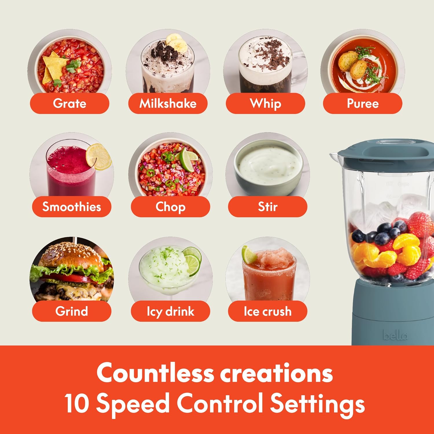 Bella 10-Speed Countertop Blender - Juicer & Smoothie Maker with 48oz Capacity, Slim Design, Dishwasher Safe