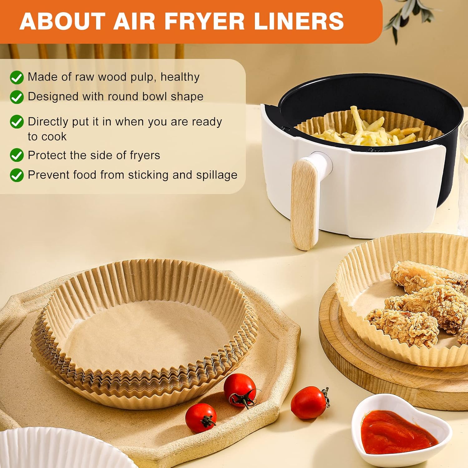 Vailnd Disposable Air Fryer Paper Liners - 100 Pcs Oil-Proof Round Baking Paper for 8-12 QT Air Fryers | 9 Inch Size