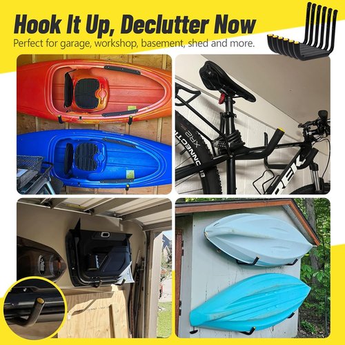 GEEDAR Heavy Duty Garage Storage Hooks - 15" Thickened Steel | 120 LB Capacity, 4-Pack for Kayaks, Ladders, Bikes