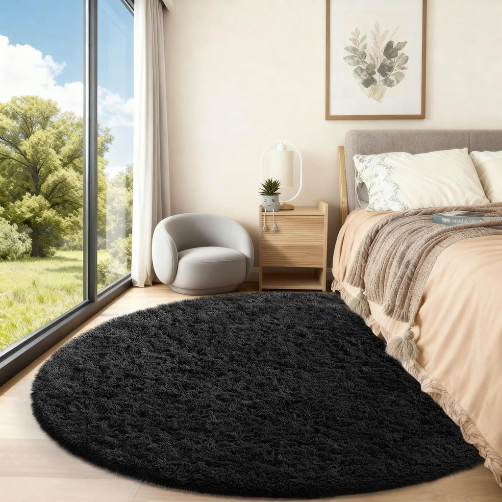 Ophanie Round Rug - 6Ft Black Circle Area Rug | Fluffy Shaggy Carpet for Bedroom & Nursery Decor