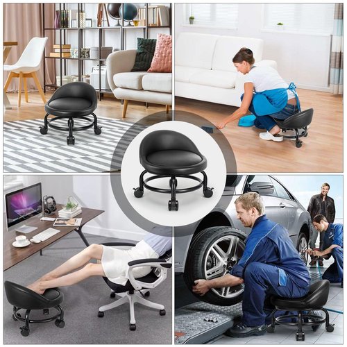 LWADALN Rolling Stool with Backrest Low Height Rolling Stools, Low Roller Stool Chair, Roller Seats for Home, Office, Garage, Shop, Library