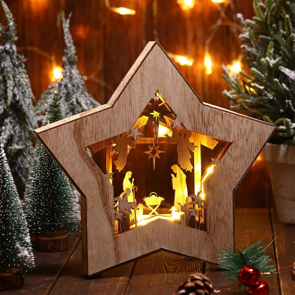Skiennix Wooden Nativity Scene Set - Rustic Christmas Tabletop Decoration with LED Light | Indoor Decor
