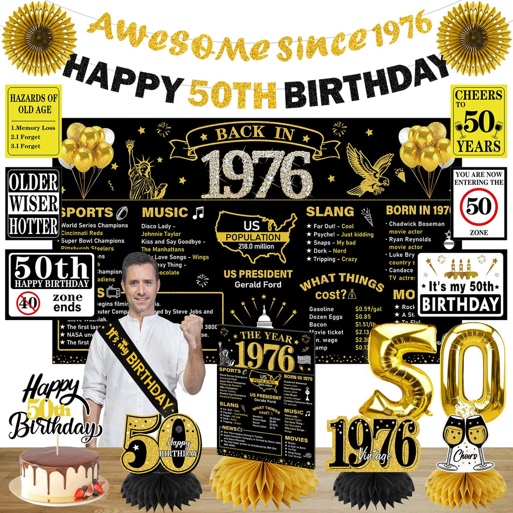 Turypaty 1976 50th Birthday Decorations for Men Women, Black Gold Happy 50 Years Old Birthday Banner Backdrop Wall Sign Balloons Sash Table Cake Topper Honeycomb Centerpieces Paper Fans Party Supplies