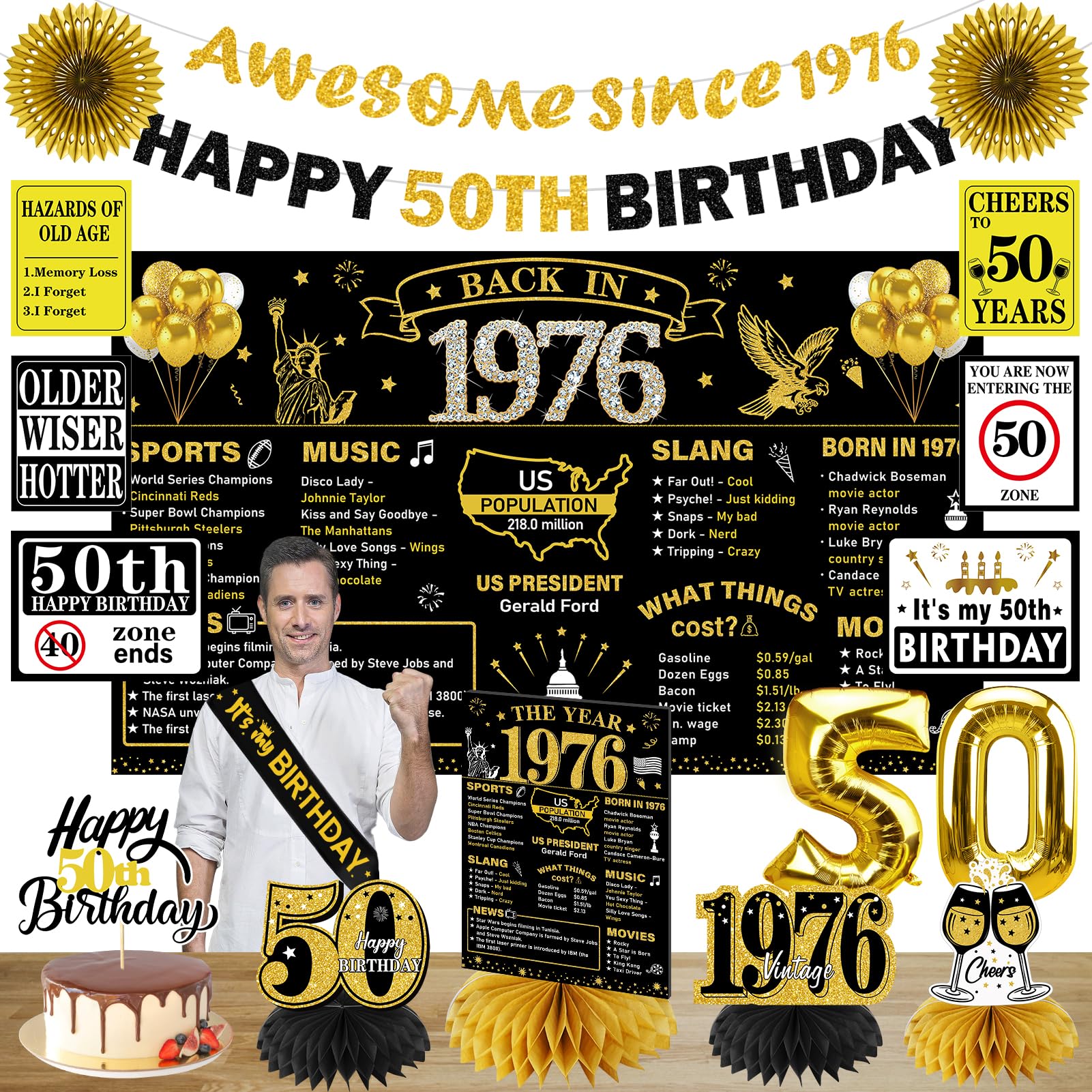 Turypaty 1976 50th Birthday Decorations for Men Women, Black Gold Happy 50 Years Old Birthday Banner Backdrop Wall Sign Balloons Sash Table Cake Topper Honeycomb Centerpieces Paper Fans Party Supplies