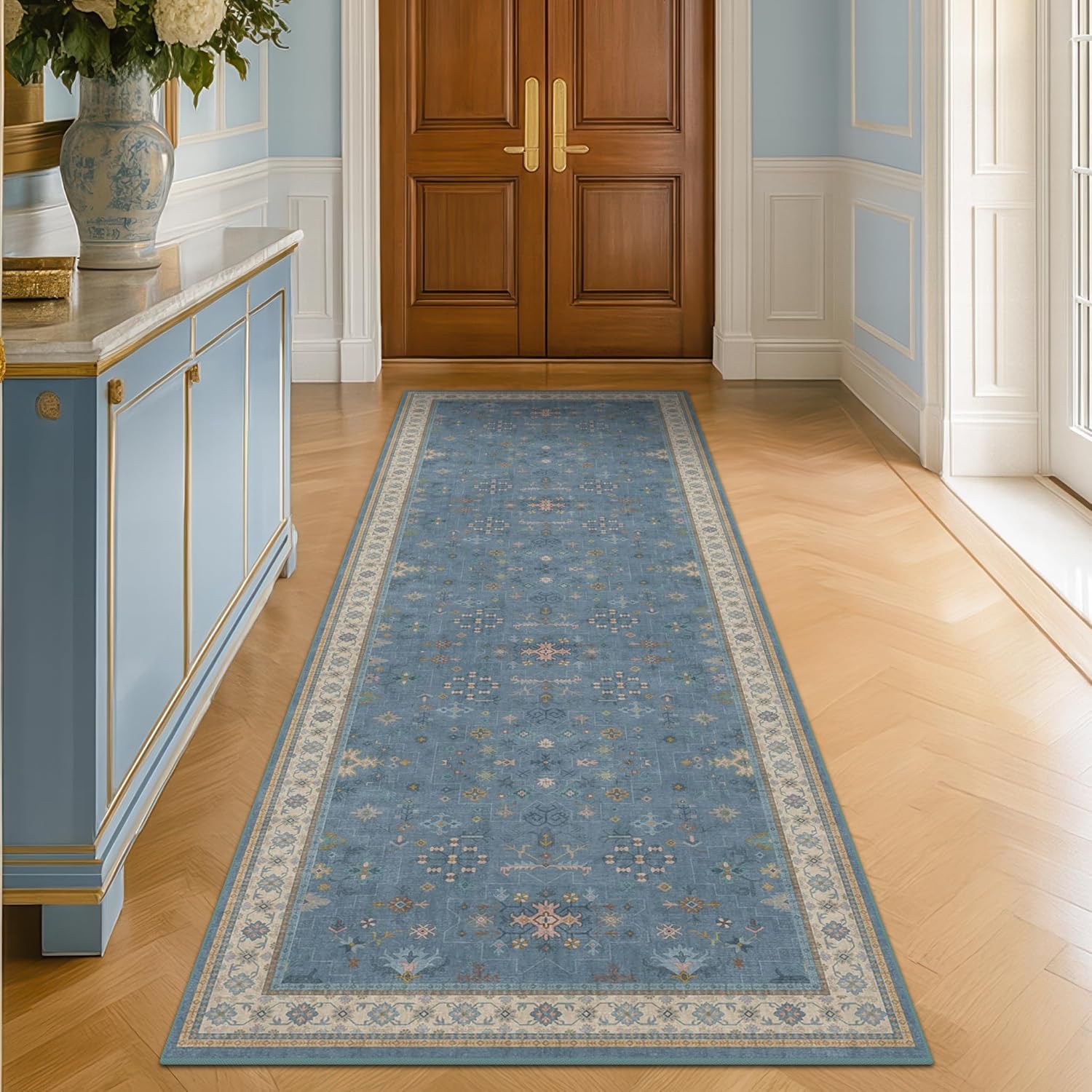 Blue Boho Runner Rug - Washable Non-Slip 2'6''x8' Hallway Rug with Colorful Floral Print