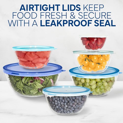 Cook With Color 12-Piece Glass Mixing Bowl Set - Borosilicate Nesting Bowls with Lids for Cooking & Baking, Blue