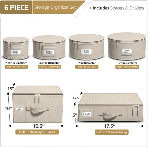Sorbus China Storage Containers 6-Piece Set - Hard Shell Dinnerware Organizer for Plates, Glasses, Mugs & Saucers (Holds Service for 12) with Felt Protectors for Moving & Storage