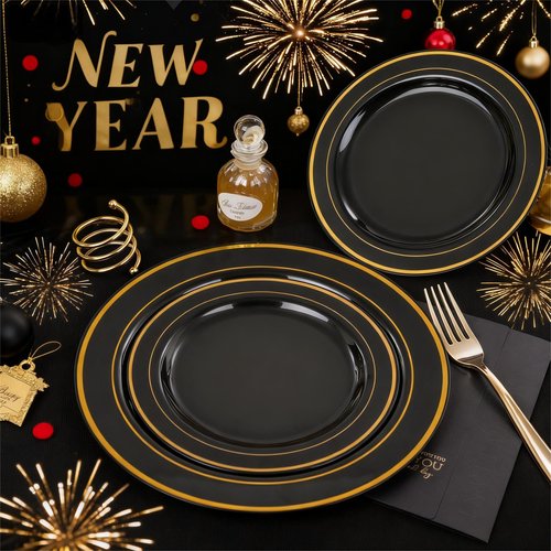 FLOWERCAT 100PCS Black and Gold Plates - Heavy Duty Black Plates Disposable for Halloween Party/New Year/Birthday- Include 50PCS 10.25inch Dinner Plates - 50PCS 7.5inch Dessert Plates