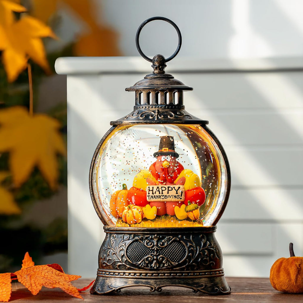 Regine Switzerland Snow Globe - Swirling Glitter Thanksgiving Lantern | Autumn Harvest Decor (Turkey & Pumpkins)