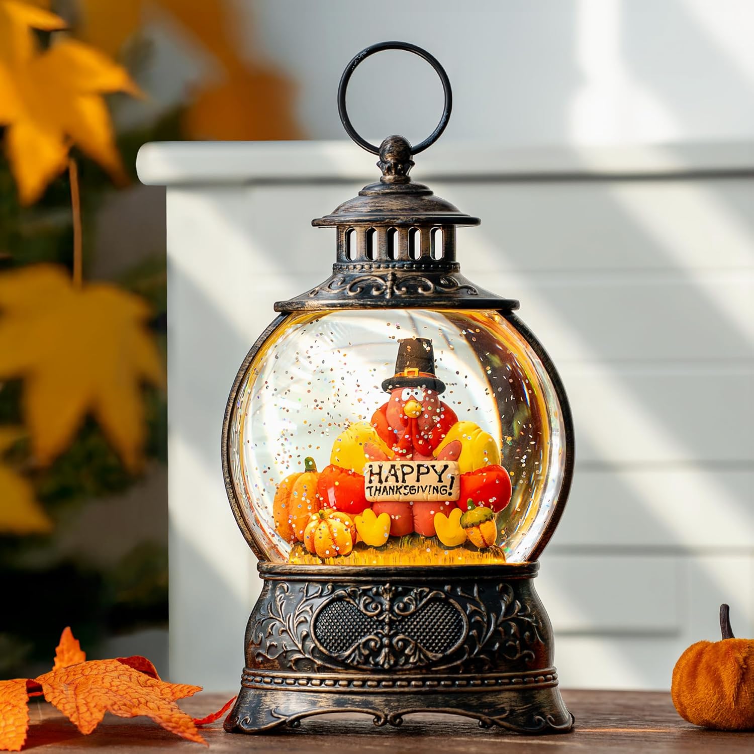 Regine Switzerland Snow Globe - Swirling Glitter Thanksgiving Lantern | Autumn Harvest Decor (Turkey & Pumpkins)
