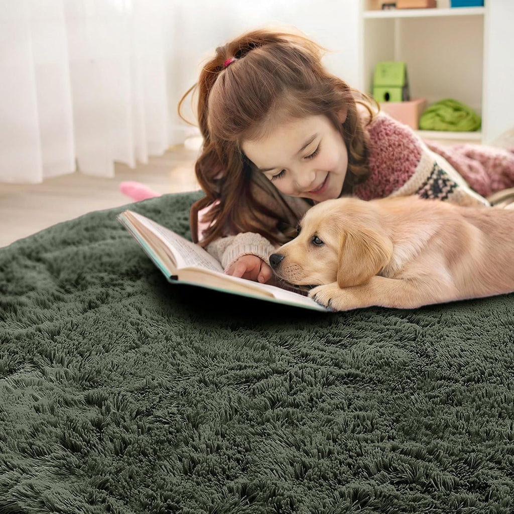 OLANLY Olive Green Round Rug - Soft, Fluffy, Machine Washable 7 ft Circle Area Rug for Bedroom & Living Room Decor